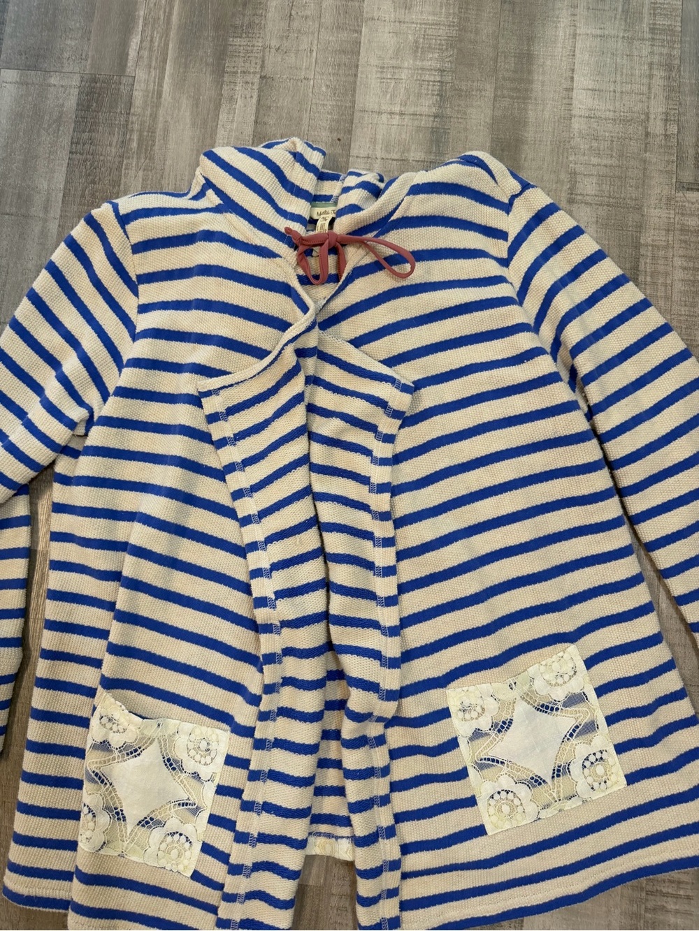 Matilda Jane Cardigan Womens XL Blue Cream Striped Hooded Lace Cotton Jacket